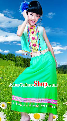 Traditional Chinese Dai Nationality Girls Peacock Dancing Costume, Children Folk Dance Ethnic Costume, Chinese Minority Nationality Dancing Costume for Kids