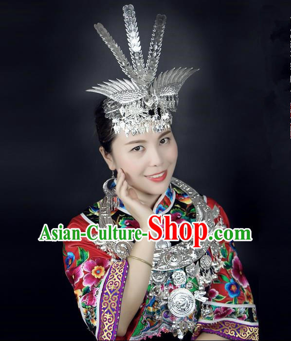 Traditional Chinese Miao Nationality Wedding Accessories Peacock Crown, Hmong Female Wedding Ethnic Silver Phoenix Headwear, Chinese Minority Nationality Hat for Women