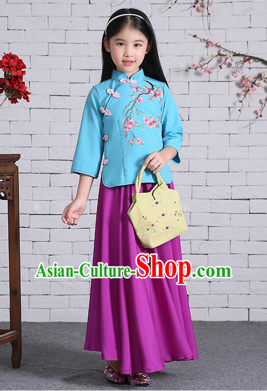 Chinese Traditional Dress for Girls Long Sleeves Kid Children Min Guo Clothes Ancient Chinese Costume Stage Show Blue Top Purple Skirt