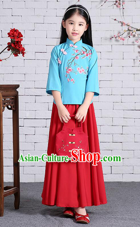 Chinese Traditional Dress for Girls Long Sleeves Kid Children Min Guo Clothes Ancient Chinese Costume Stage Show Blue Top Red Skirt