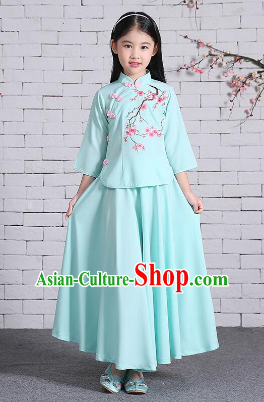 Chinese Traditional Dress for Girls Long Sleeves Kid Children Min Guo Clothes Ancient Chinese Costume Stage Show Blue