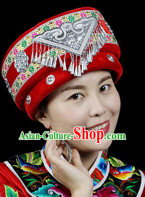 Traditional Chinese Miao Nationality Jewelry Accessories Hats, Hmong Ethnic Accessories, Chinese Minority Tujia Nationality Embroidery Headwear Hat for Women