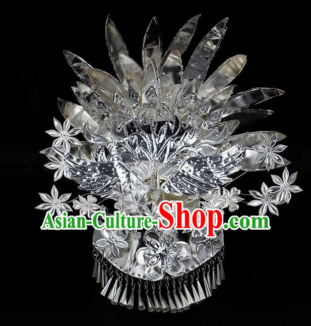 Traditional Chinese Miao Nationality Sliver Jewelry Accessories Phoenix Silver Headwear, Hmong Ethnic Hair Accessories, Chinese Minority Miao Nationality Hat Crown for Women