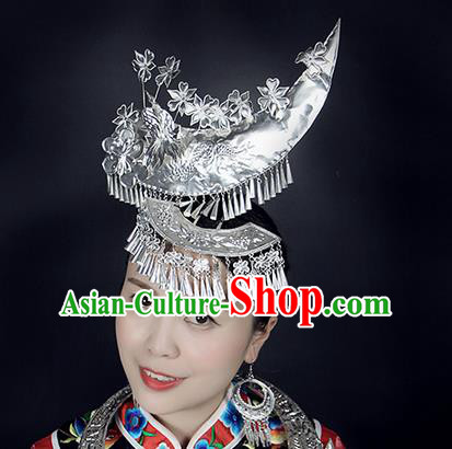 Traditional Chinese Miao Nationality Sliver Jewelry Accessories, Moon Silver Headwear, Hmong Ethnic Hair Accessories, Chinese Minority Miao Nationality Hat Crown for Women