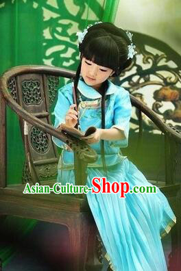Min Guo Girl Dress Traditional Chinese Clothes Ancient Costume Tang Suit Children Kid Show Stage Wearing Dancing Blue