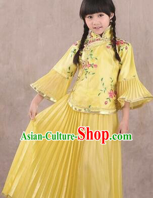 Min Guo Girl Dress Traditional Chinese Clothes Ancient Costume Tang Suit Children Kid Show Stage Wearing Dancing Yellow