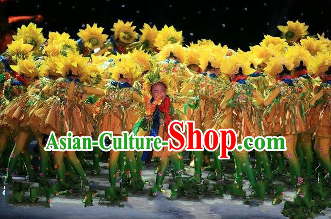Traditional Chinese Yangge Fan Dancing Costume, Children Folk Dance Yangko Costume for Kids