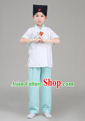 Han Fu For Children Chinese Traditional Dress Short Sleeves Stage Show Ceremonial Costumes Gray Top Green Pants