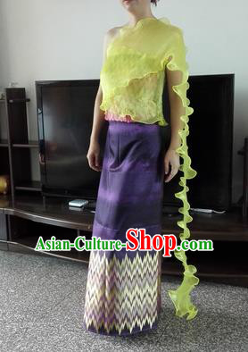 Traditional Asian Thai Wedding Costume Complete Set, Thai Wedding Black Fungus Edge Shawl, Thai Silk Fabrics Suit for Women