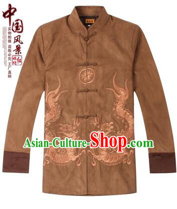 Tang Suit for Men Coat Long Sleeves Chinese Style Dress Traditional Top Chinese Loong Embroidery Ceremonial Full Clothes Brown