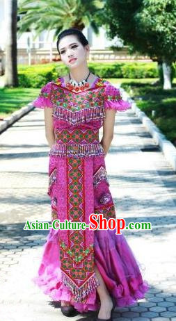 Traditional Chinese Miao Nationality Wedding Costume Set, Hmong Luxury Improved Bride Folk Dance Ethnic Long Skirt, Chinese Minority Nationality Embroidery Costume for Women