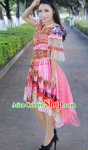 Traditional Chinese Miao Nationality Costume Set, Hmong Luxury Improved Bride Folk Dance Ethnic Short Skirt, Chinese Minority Nationality Embroidery Costume for Women