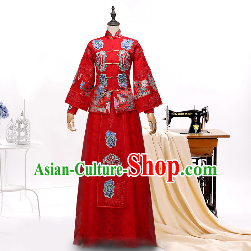 Ancient Chinese Collar Costume Dress, Toast Red Cheongsam, Xiuhe Suits Wedding Dress, Red Ancient Women Flown, Bride Cheongsam