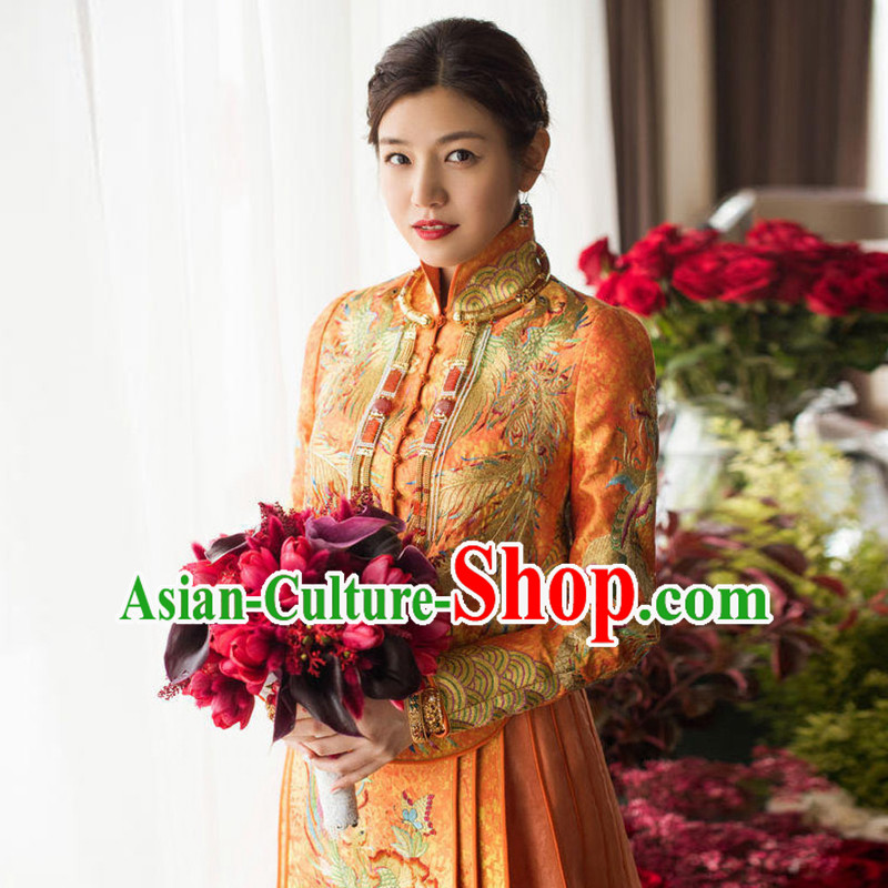 Ancient Chinese Costume, Xiuhe Suits Traditional Wedding Dress, Red Ancient Women Longfeng Dragon And Phoenix Flown, Bride Toast Cheongsam