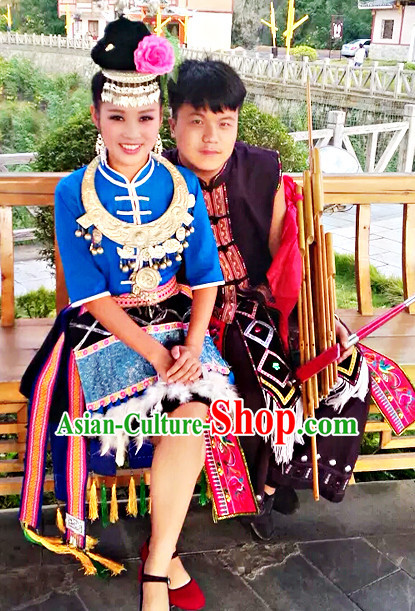 Traditional Chinese Miao Clothing and Hair Jewelry Complete Set for Women
