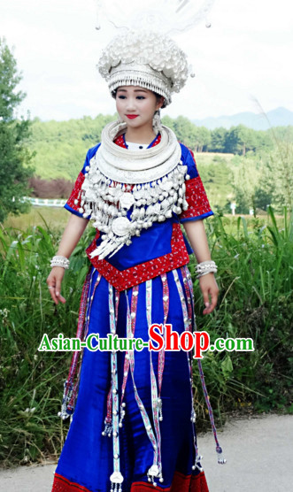 Traditional Chinese Miao Minority Clothing and Silver Hat Complete Set for Women