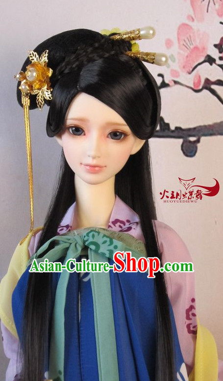 Ancient Chinese Style Princess Handmade Hair Jewelry and Black Long Wigs