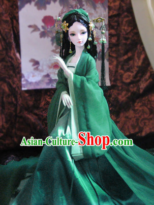 Ancient Chinese Green Lady Costumes and Hair Jewelry Complete Set for Women