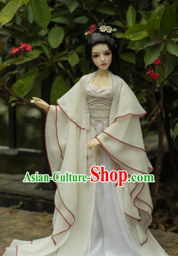 Ancient Chinese White Lady Hanfu Dress and Hair Jewelry Complete Set for Women