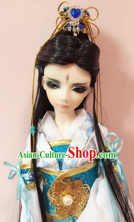 Ancient Chinese Black Long Hair Wigs and Crown for Men