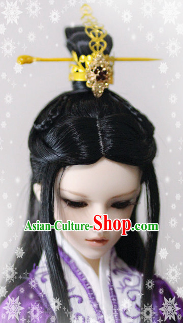 Ancient Chinese Style Prince Emperor Long Black Wigs and Coronet for Men Boys Adults Kids