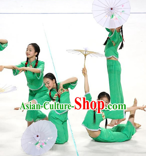 Green Chinese Classical Umbrella Dance Costumes for Women or Kids