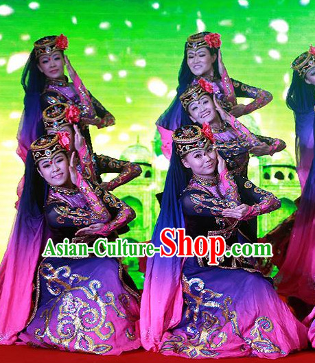 Chinese Folk Ethnic Xinjiang Dance Costumes and Headpieces for Women