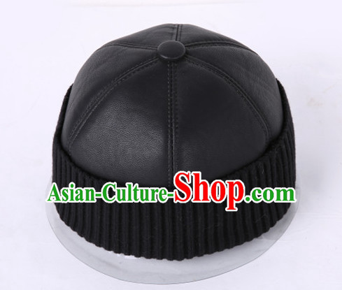 Top Traditional Chinese Black Leather Hat for Men