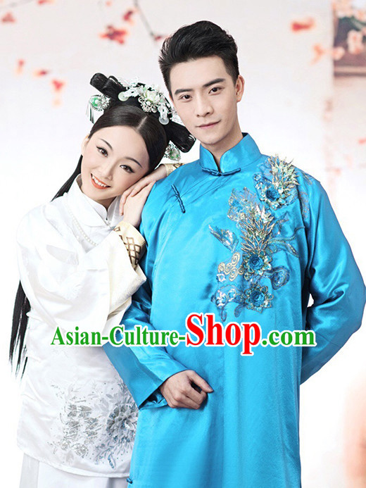 Chinese Mandarin Blue Long Minguo Time Robe Complete Set for Men