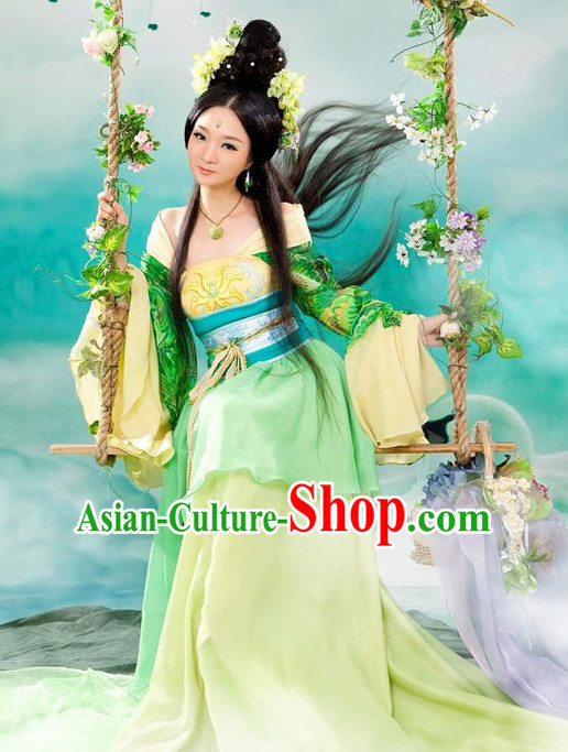 Chinese Ancient Spring Hanfu Dresses and Headdress Complete Set for Women