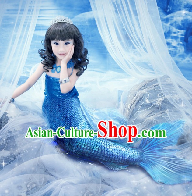 Chinese Ancient Mermaid Costumes and Hair Accessories Complete Set for Girls Children Kids