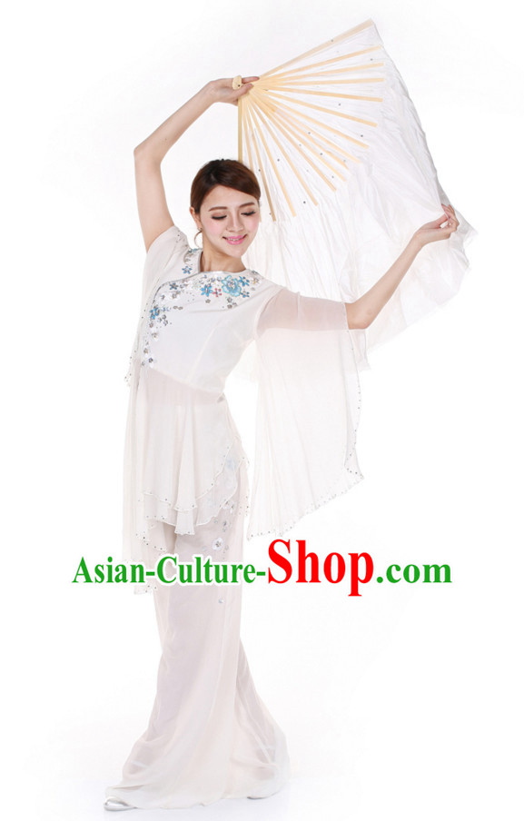 Chinese Traditional Fan Group Dancing Costumes and Headdress Complete Set for Women
