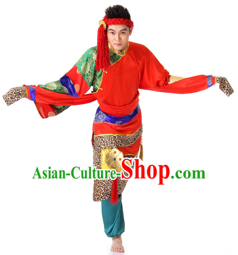 Chinese Traditional Ethnic Tibetan Group Dancing Costumes and Headdress Complete Set for Men