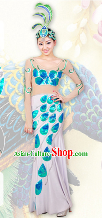Chinese Peacock Dance Costumes Dancewear and Headpieces Complete Set for Women