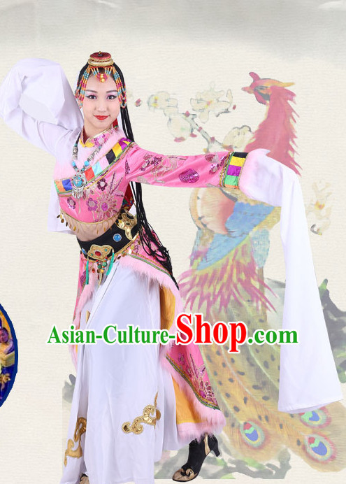Chinese Traditional Classical Ethnic Tibetan Dance Costumes Dancewear and Headpieces Complete Set for Women