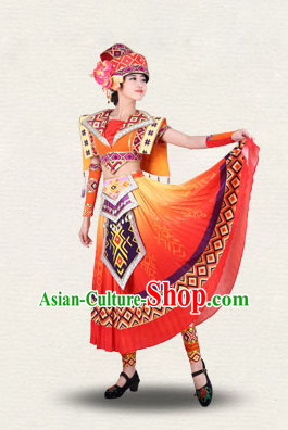 Chinese Traditional Classical Ethnic Dance Costumes Dancewear and Headpieces Complete Set for Women