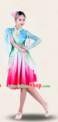 Chinese Traditional Classical Group Dance Costumes Dancewear and Headpieces Complete Set for Women