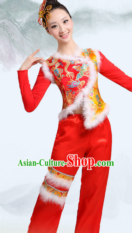 Chinese Traditional Team Fan Dancing Costumes Dancewear and Headpieces Complete Set for Women