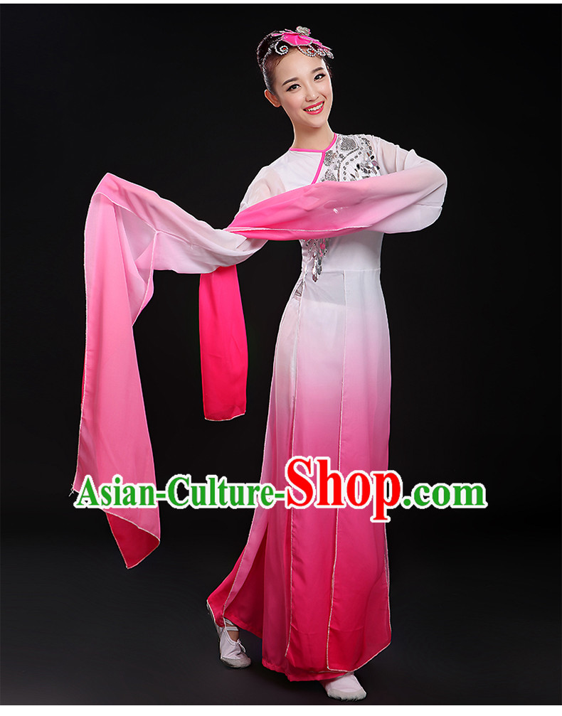 Color Transition Water Sleeve Classical Dancing Costume and Headdress Complete Set for Women or Girls