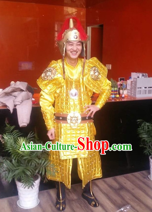 Ancient Chinese General Costumes and Hat Complete Set for Men