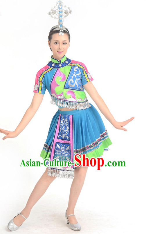 Traditional Chinese Ethnic Dance Costumes Custom Dance Costume Folk Dancing Chinese Dress Cultural Dances and Headdress Complete Set