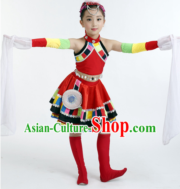 Chinese Competition Tibetan Dance Costumes Kids Dance Costumes Folk Dances Ethnic Dance Fan Dance Dancing Dancewear for Children