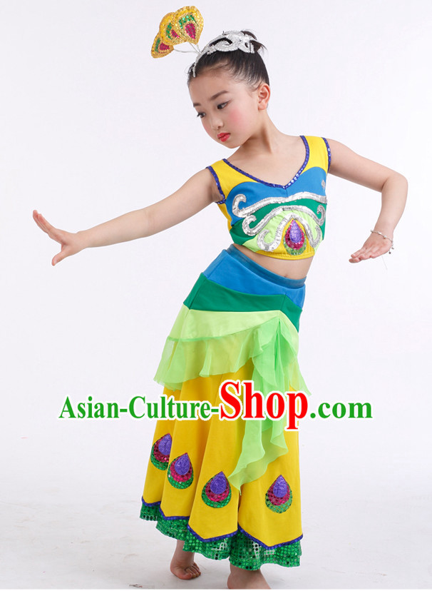 Chinese Competition Peacock Dance Costumes Kids Dance Costumes Folk Dances Ethnic Dance Fan Dance Dancing Dancewear for Children