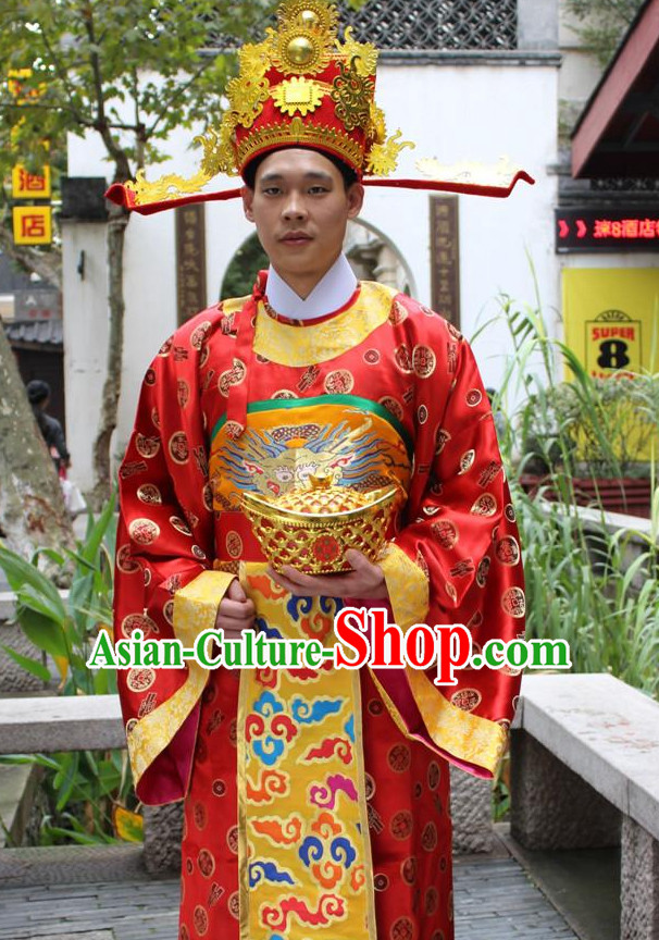 Asian Chinese Legend Cai Shen Money God Long Dresses Hanfu Costume Clothing Chinese Robe Chinese Kimono and Crown Complete Set for Men