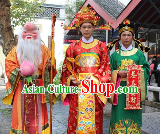 Asian Chinese Legend Fu Lu Shou Long Dresses Hanfu Costume Clothing Chinese Robe Chinese Kimono and Hat Complete Set for Men