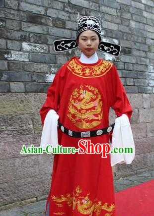 Asian Chinese Official Brides Long Dresses Hanfu Costume Clothing Chinese Robe Chinese Kimono and Hat Complete Set for Men