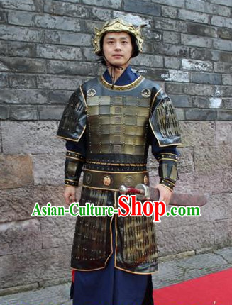 Asian Chinese General Long Dresses Hanfu Costume Clothing Chinese Robe Chinese Kimono and Helmet Complete Set for Men