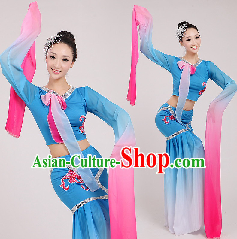 Asian Chinese Water Sleeves Long Sleeve Dance Costume Clothing Oriental Dress and Hair Accessories Complete Set for Women Girls Adults Children