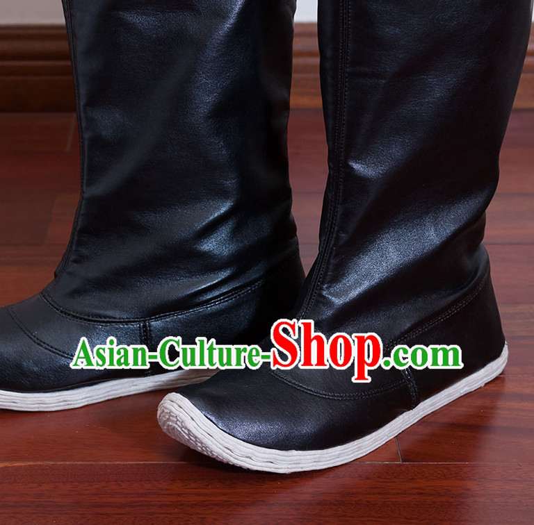 Ancient Chinese Handmade Feather Long Black Boots for Men