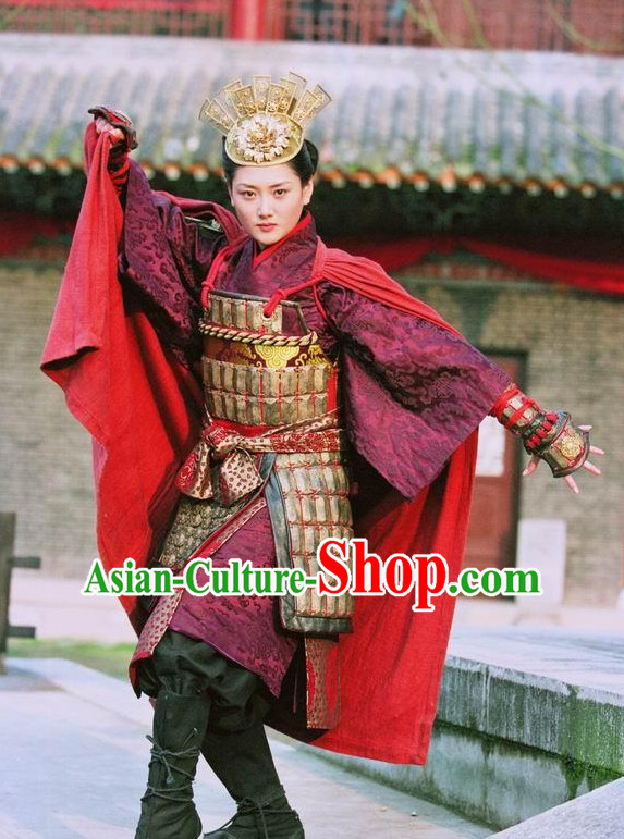 Asian Chinese Ancient Superheroine General Warrior Body Armor Costumes and Headgear Complete Set for Women and Girls
